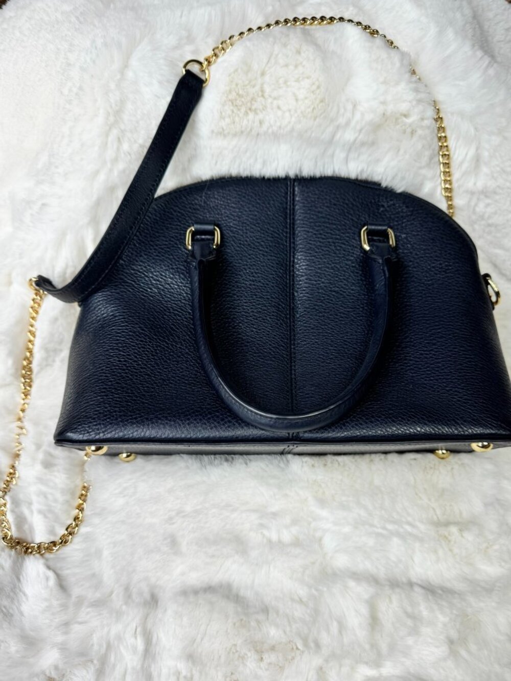 Talbots Navy Handbag — Leather Handles + Optional Gingham Ties & Shoulder Strap